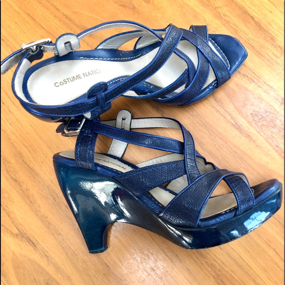 Costume National blue leather wedge heel sandals